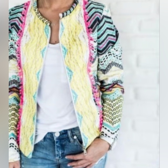Molly Bracken Boho Aztec Print with Pom Poms Jacket Size Medium - Picture 2 of 16